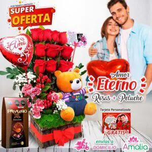 "Oferta de 'Amor Eterno' en Florería Amalia con rosas, peluche, chocolates, y globo, perfecta para regalos románticos con envío a domicilio."
