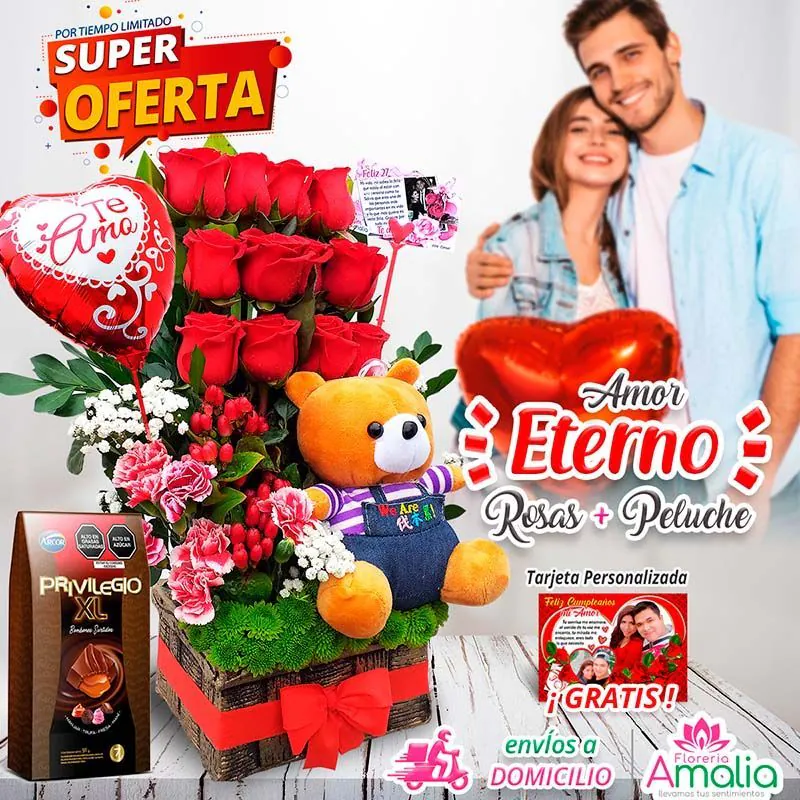 "Oferta de 'Amor Eterno' en Florería Amalia con rosas, peluche, chocolates, y globo, perfecta para regalos románticos con envío a domicilio."