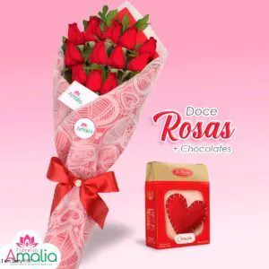 Ramo de 12 rosas rojas con chocolates y tarjeta personalizada en promoción