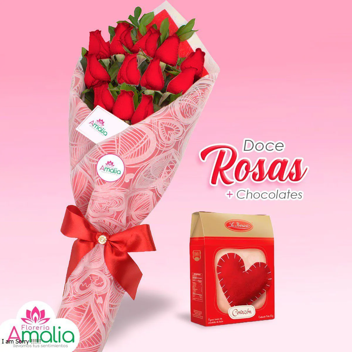 Ramo de 12 rosas rojas con chocolates y tarjeta personalizada en promoción