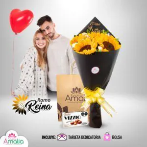 Ramo de girasoles con una tarjeta y chocolates, acompañado de un globo en forma de corazón, presentado por Florería Amalia.