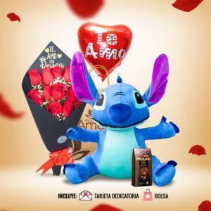 Combo de regalo con peluche Stitch azul, ramo de rosas rojas, globo de corazón con 'Te Amo' y chocolates, ideal para expresar afecto.