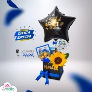 Regalo de cumpleaños para papá con globo decorativo, girasol, chocolates y fotos personalizadas, en caja de regalo con nombre.