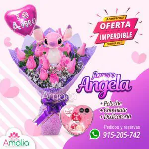 🌸 Arreglo floral con peluche Angela rosa, chocolates y dedicatoria. Perfecto para regalar amor y dulzura. 🎁