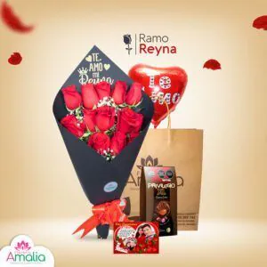 Ramo Reyna con rosas rojas, globo en forma de corazón y chocolates, perfecto para expresar amor y pasión.