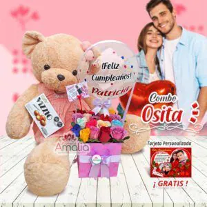 Ramo de rosas multicolores con osita y globo.