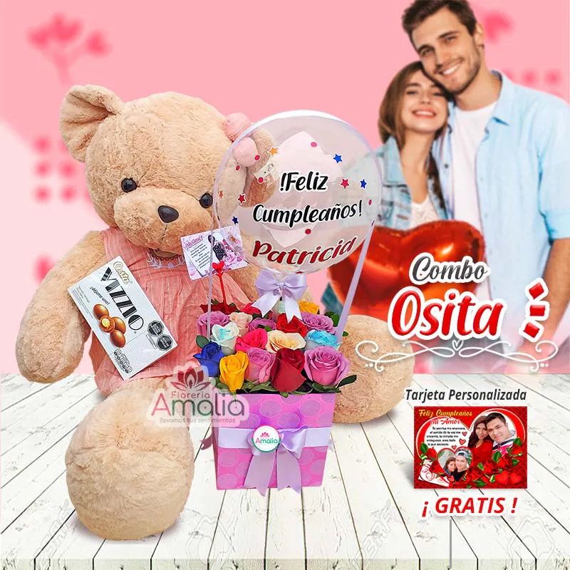 Ramo de rosas multicolores con osita y globo.