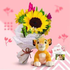 Ramo de girasoles junto con peluche de león y tarjeta "Te Amo". 🌻🦁❤️