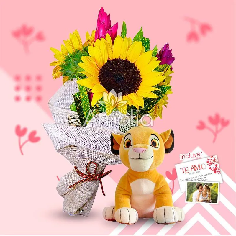 Ramo de girasoles junto con peluche de león y tarjeta "Te Amo". 🌻🦁❤️