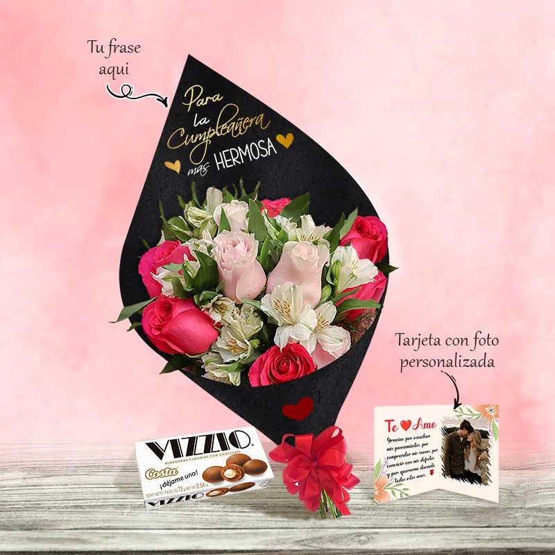 Ramo para cumpleaños con rosas y alstroemerias, incluye tarjeta personalizada.