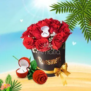 Caja negra con rosas rojas, anillo sorpresa, y globo "Te Amo". 💍🌹❤️