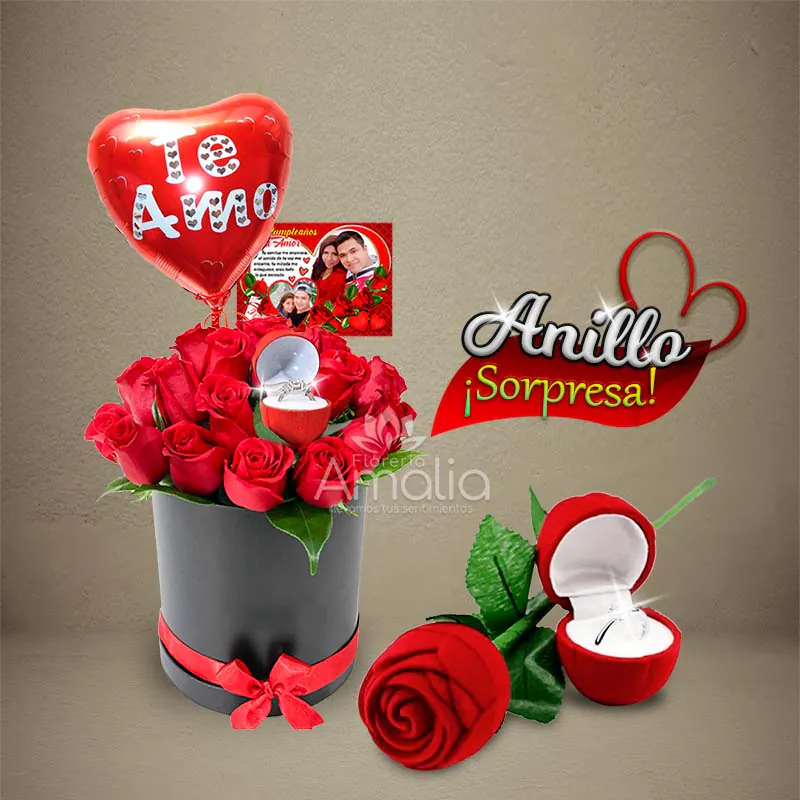 Caja negra con rosas rojas, anillo sorpresa, y globo "Te Amo". 💍🌹❤️