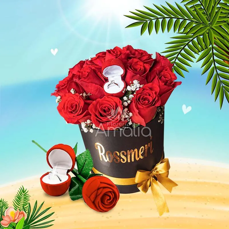 Caja negra con rosas rojas, anillo sorpresa, y globo "Te Amo". 💍🌹❤️