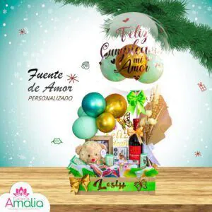 🎁 Canasta "Fuente de Amor" personalizada con globos, vino, oso de peluche y detalles para celebrar un cumpleaños.