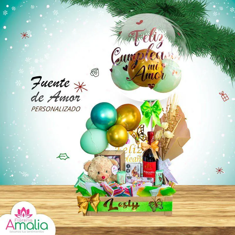 🎁 Canasta "Fuente de Amor" personalizada con globos, vino, oso de peluche y detalles para celebrar un cumpleaños.