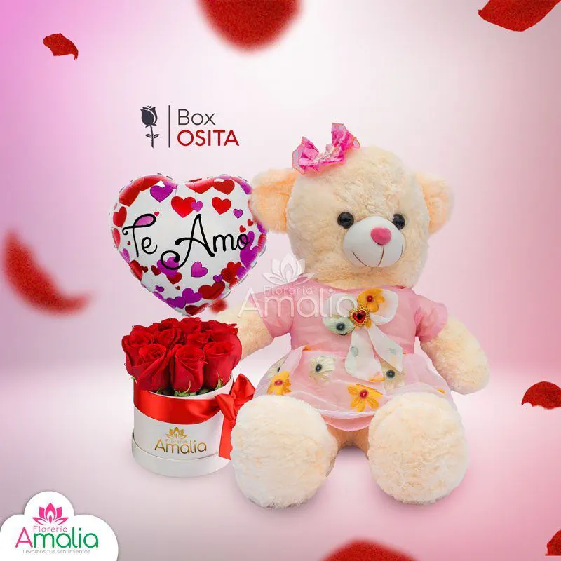 Caja de regalo con osito de peluche, rosas y globo de 'Te Amo'.