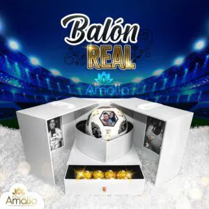 "Balón Real" - balón de fútbol personalizado en caja de regalo con fotos y chocolates.