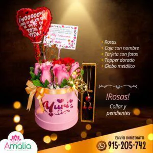 🌹 Caja "Yuri" con rosas, collar y pendientes, junto con un globo metálico y tarjeta personalizada.