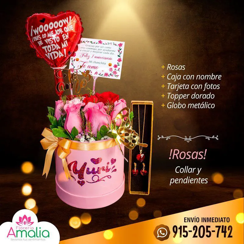🌹 Caja "Yuri" con rosas, collar y pendientes, junto con un globo metálico y tarjeta personalizada.