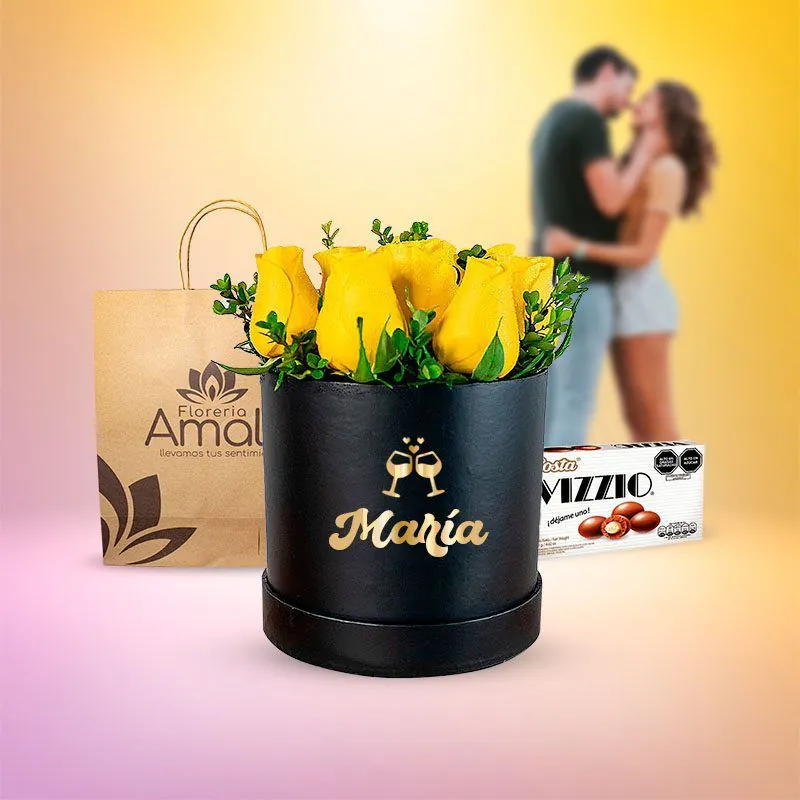 Caja personalizada con rosas amarillas y chocolates Vizzio.