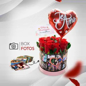 🌹 "Box de Fotos con Rosas" con rosas rojas y globo "Te Amo," junto a una caja decorativa con fotos personalizadas.