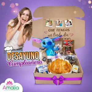 🥐 Caja de "Desayuno Cumpleañero" con peluche azul, croissant, yogurt, fotos personalizadas y bebida.