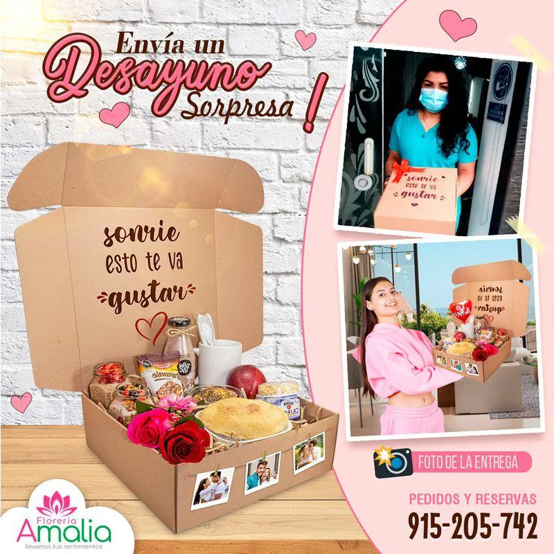 🥐 Caja de "Desayuno Sorpresa" con pan, frutas, bebidas, rosas y fotografías personalizadas. Un regalo ideal para alegrar la mañana.