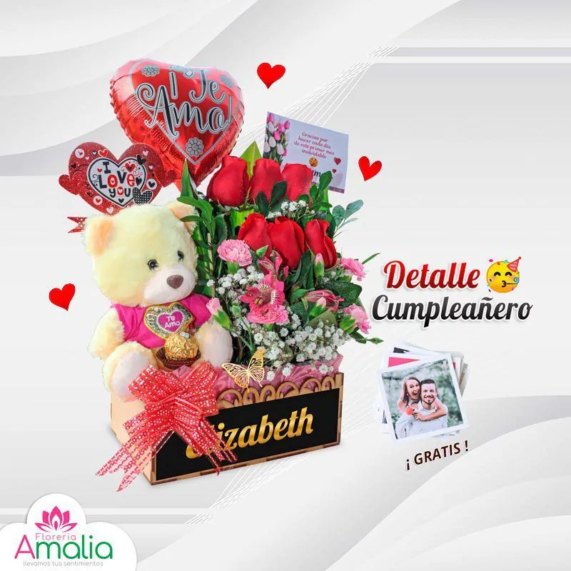 🎉 Cesta de cumpleaños personalizada con flores, peluche, globos y fotos, ideal para un regalo sorpresa. 🎈