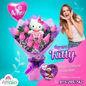 Florero temático con peluche de Hello Kitty, rosas rosadas, globo de “Te Amo” y chocolates en forma de corazón, ideal para sorprender con ternura.