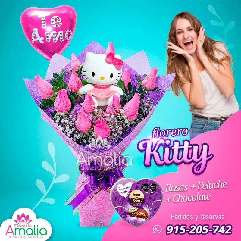 Florero temático con peluche de Hello Kitty, rosas rosadas, globo de “Te Amo” y chocolates en forma de corazón, ideal para sorprender con ternura.