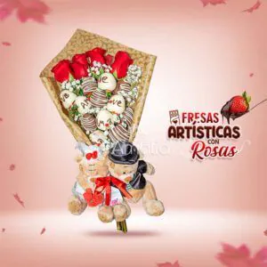 🍓 Ramo "Fresas Artísticas Achocolatadas" con fresas cubiertas de chocolate, osos de peluche y un ramo de rosas. Un regalo delicioso y tierno.