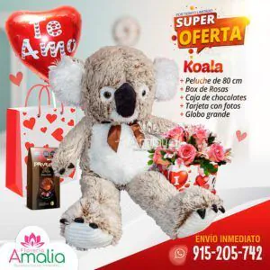 🧸 Peluche de koala de 80 cm con globo "Te Amo," rosas 🌹 y caja de chocolates. Oferta perfecta para un regalo romántico.
