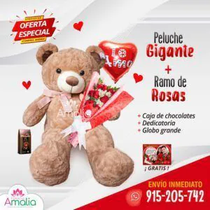 🧸 Peluche gigante de 1.50 mt con un ramo de rosas, globo de corazón y chocolates, perfecto para expresar amor en ocasiones especiales. 🌹