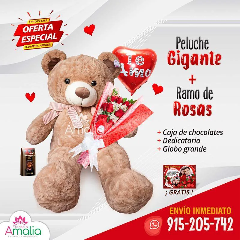 🧸 Peluche gigante de 1.50 mt con un ramo de rosas, globo de corazón y chocolates, perfecto para expresar amor en ocasiones especiales. 🌹