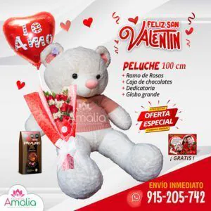 🧸 Oso de peluche de 1 metro con ramo de rosas 🌹, caja de chocolates y globo grande. Perfecto para un regalo de San Valentín. 🎈