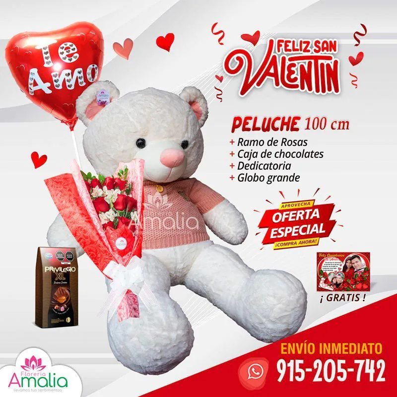🧸 Oso de peluche de 1 metro con ramo de rosas 🌹, caja de chocolates y globo grande. Perfecto para un regalo de San Valentín. 🎈
