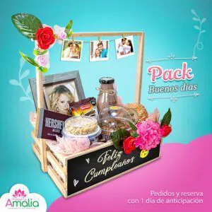 🥐 "Pack Buenos Días" con caja de desayuno sorpresa, fotos personalizadas, oso de peluche y globo "Feliz Aniversario."
