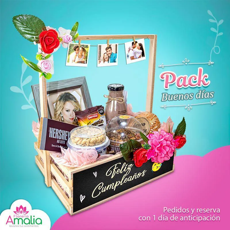 🥐 "Pack Buenos Días" con caja de desayuno sorpresa, fotos personalizadas, oso de peluche y globo "Feliz Aniversario."