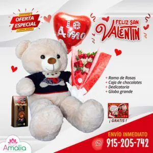 🧸🌹 Peluche vestido con polo y ramo de rosas, perfecto para San Valentín, con chocolates y globo de corazón diciendo "Te Amo".