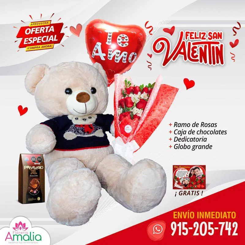🧸🌹 Peluche vestido con polo y ramo de rosas, perfecto para San Valentín, con chocolates y globo de corazón diciendo "Te Amo".