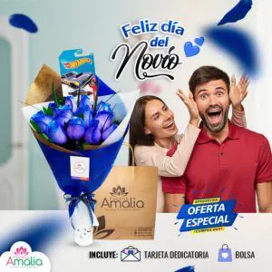 Ramo de 'Día del Novio' con rosas azules y un coche Hot Wheels, presentado en papel azul brillante, perfecto para regalar emoción y alegría.