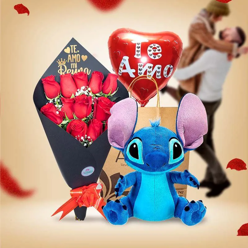 Ramo con rosas, peluche de Stitch y globo de "Te Amo".
