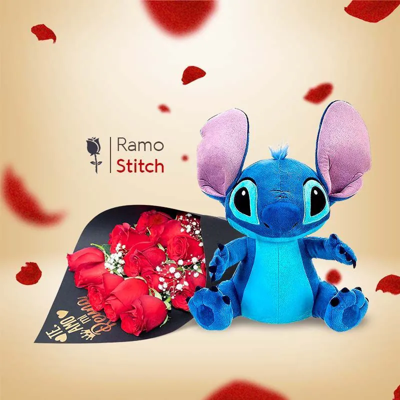Ramo con rosas, peluche de Stitch y globo de "Te Amo".