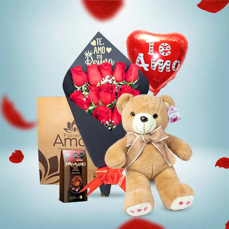 Ramo de rosas rojas, osito de peluche y globo "Te Amo". 🌹🐻❤️