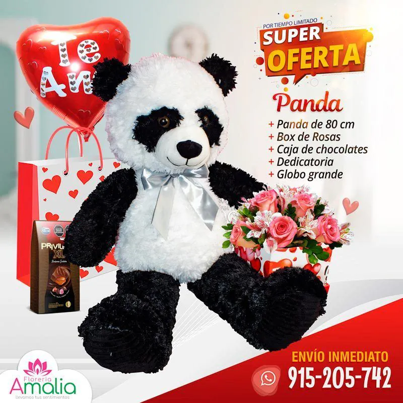 🧸 Oso panda con ramo de rosas 🌹, chocolates y globos con mensajes de amor. Oferta especial de San Valentín. 🎈