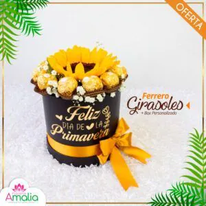 Box personalizado con girasol central, chocolates Ferrero Rocher y detalles florales, especial para el Día de la Primavera.