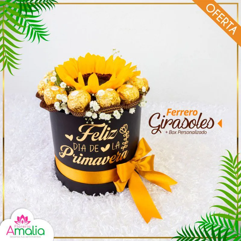 Box personalizado con girasol central, chocolates Ferrero Rocher y detalles florales, especial para el Día de la Primavera.