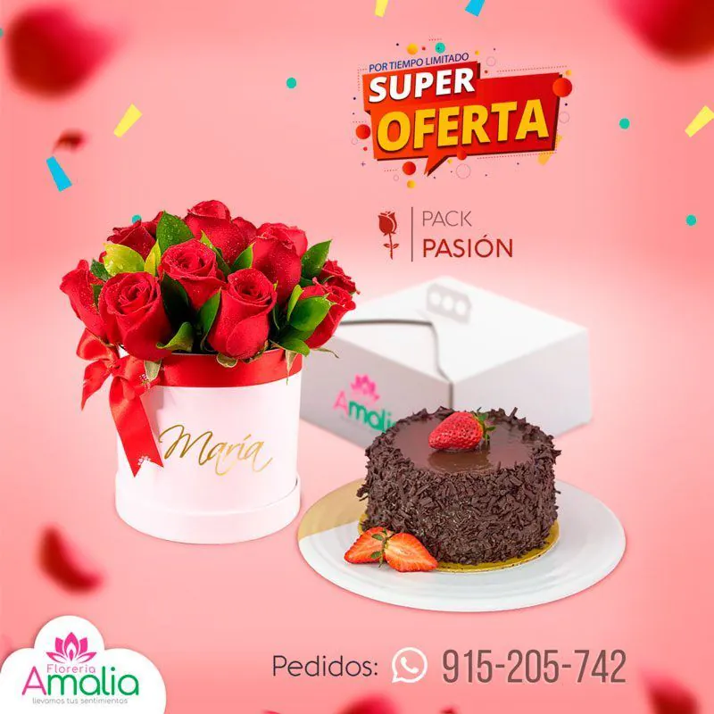 Pack de regalo con rosas rojas personalizadas en caja y torta de chocolate con fresas, ideal para celebrar el amor.