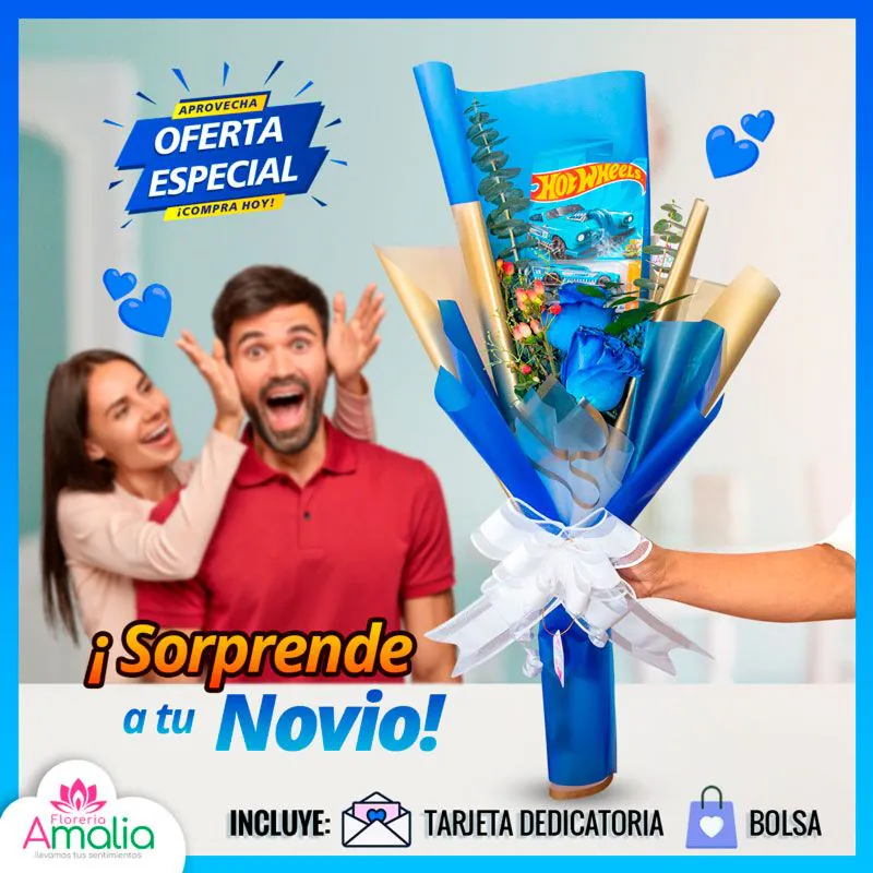 Ramo sorpresa para novio con rosas azules, autos Hot Wheels y envoltura azul dorado, incluye tarjeta y bolsa.