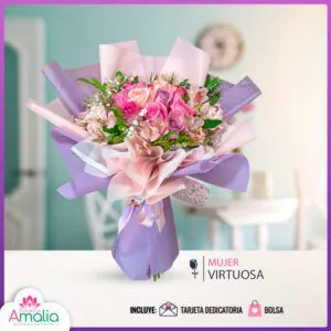 Ramo Mujer Virtuosa con rosas lilas y astromelias – Florería Amalia